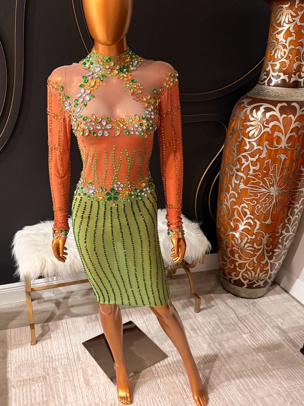 Amekana Laylani Diamante Rhinestone Dress Orange Green Size M Mesh Bodycon